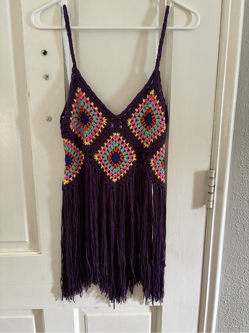 HERA S/M Purple Multicolor Crochet Fringe Cami Bohemian, Festival, Hippie